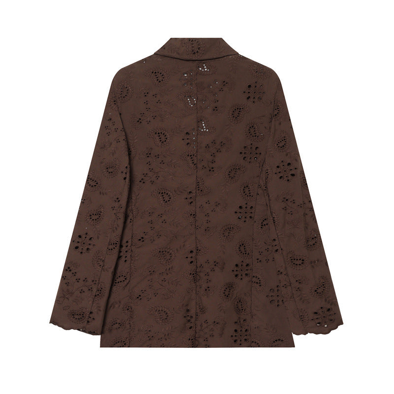 STRAIGHT BLAZER WITH EMBROIDERED PERFORATED SHOULDER PADS